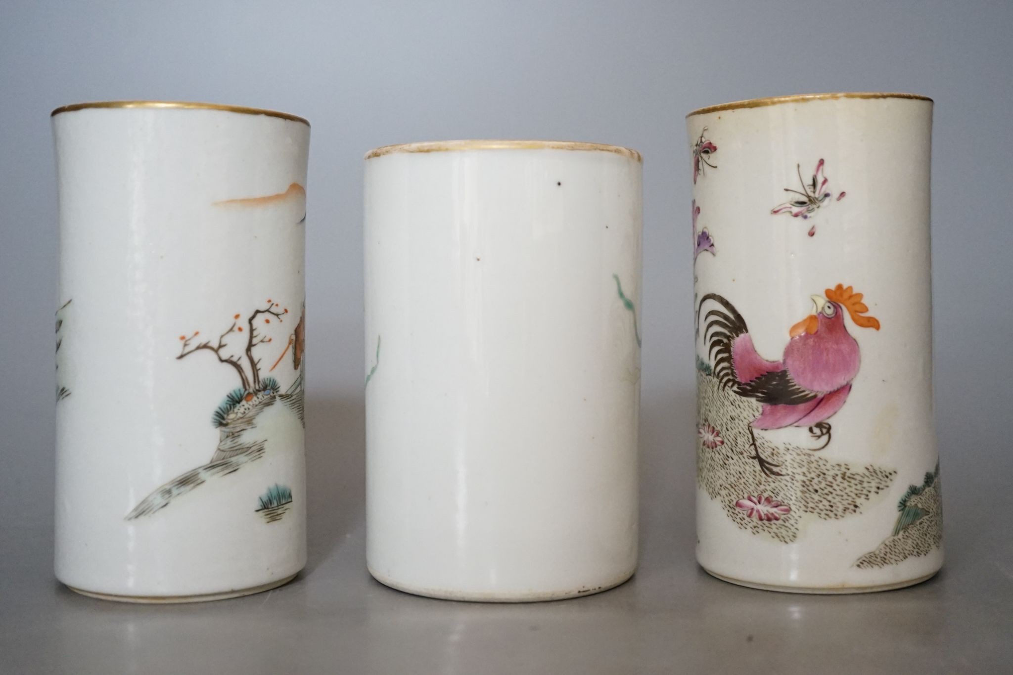 Three Chinese famille rose brush pots, 12cm